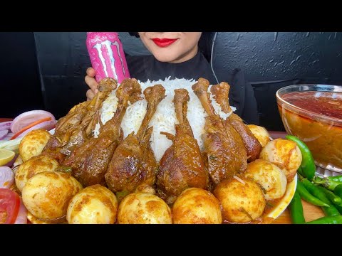 ASMR EATING SPICY CHICKEN CURRY,EGG CURRY,BASMATI RICE AND SALAD *SPICY FOOD*