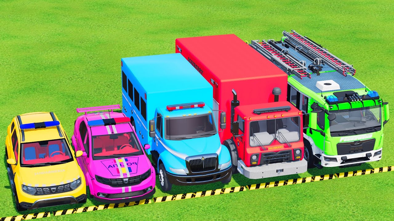 TRANSPORTING POLICE CARS, AMBULANCE, FIRE DEPARTMENT VEHICLES WITH TRUCKS TO THE GARAGE! FS22 