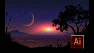 Fantasy night landscape with city lights | Adobe Illustrator CC vector illustration artwork screenshot 4