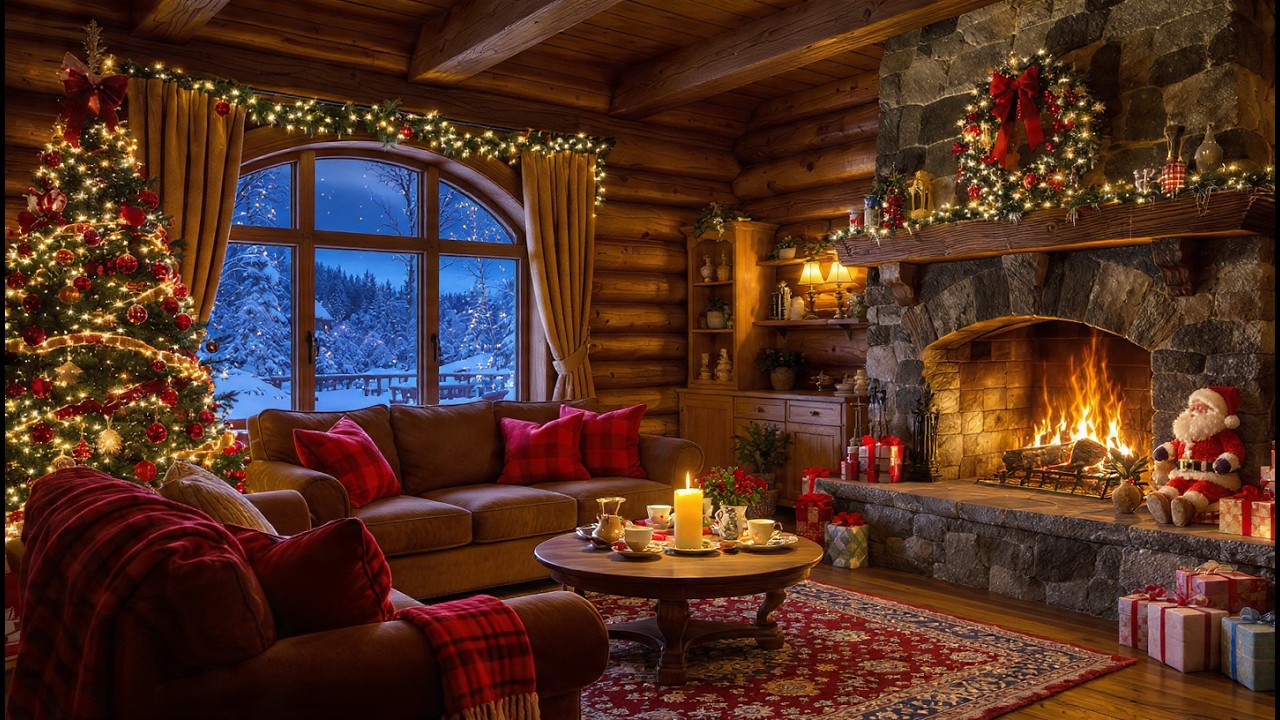 Winter Cabin Fireplace Glow with Positive Instrumental Jazz Energy