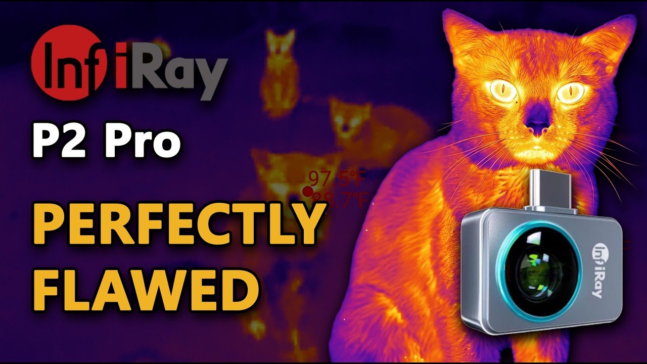 Thumbnail for the InfiRay P2 Pro video review, showing a thermal image of a cat