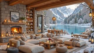 Snow Falling by a Cozy Lakeside Porch ❄️ Relaxing Jazz & Fireplace Ambience for Quiet Moments