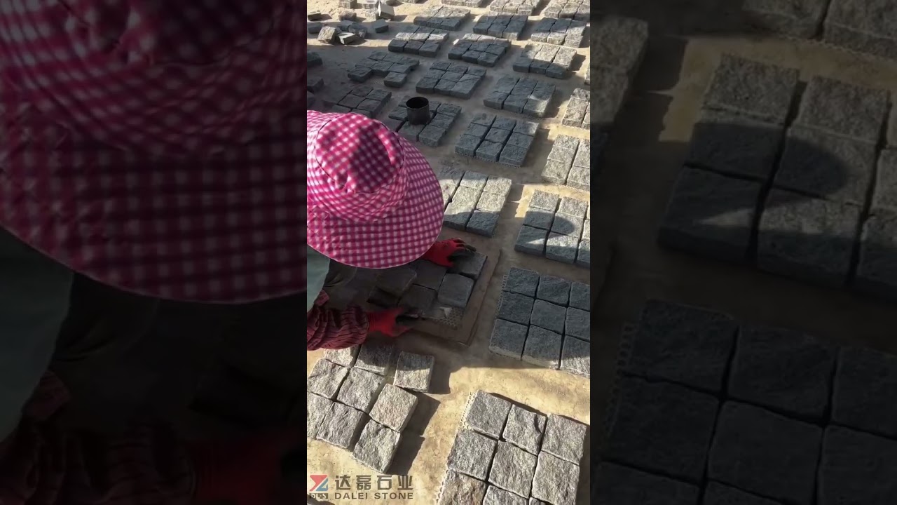 G654 Cube Stone on the Mesh Dark Grey Granite Paving