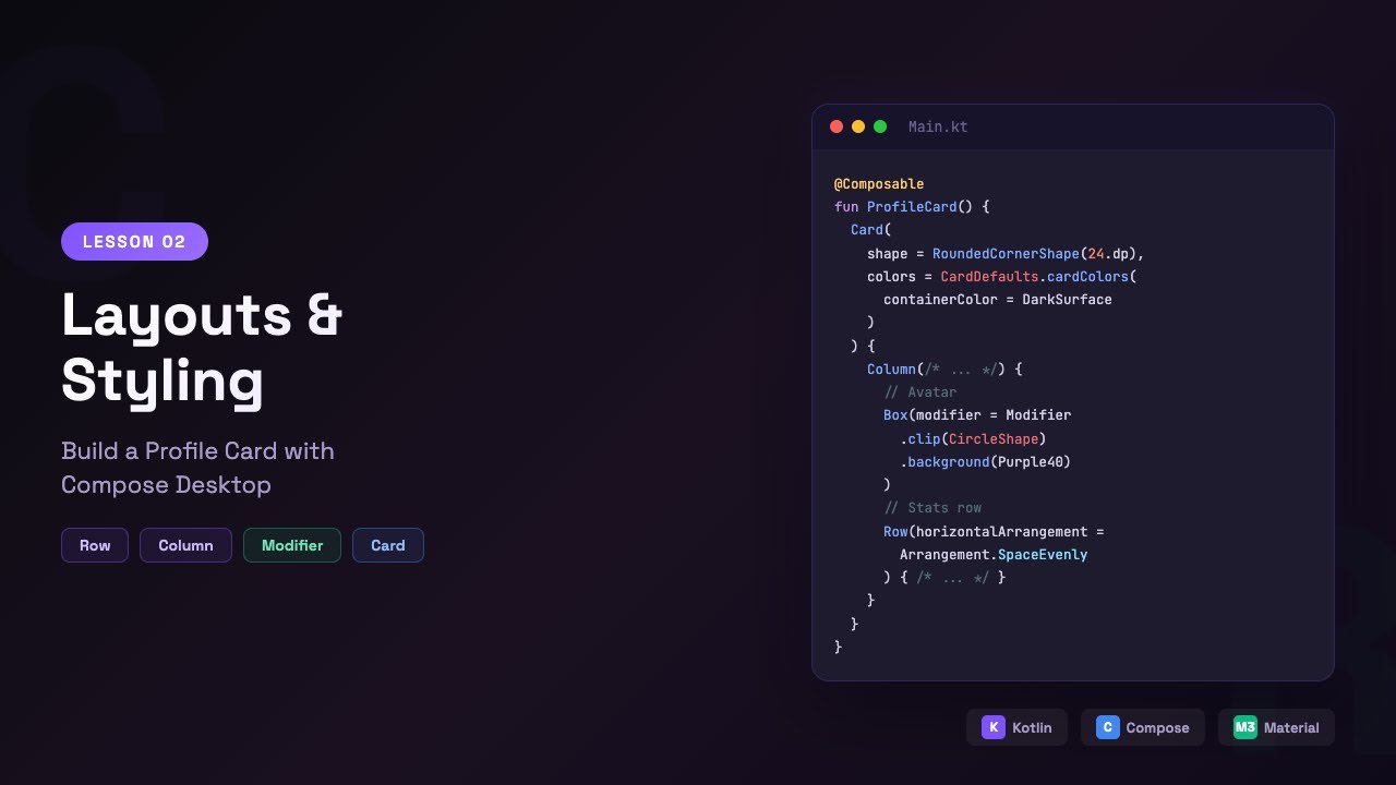 Build a Profile Card with Compose Desktop: Layouts & Styling | Kotlin Desktop Lesson 02