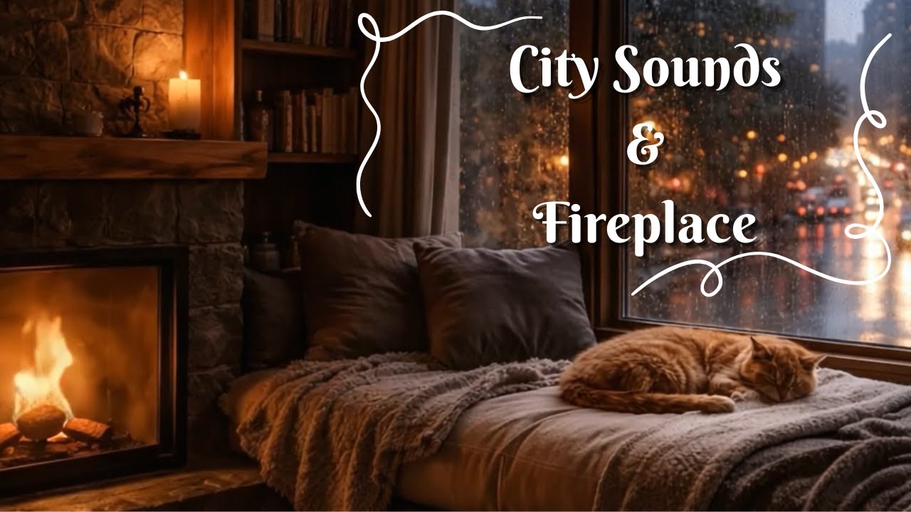 Cozy City Night Ambience | Fireplace Sounds & Soft City Traffic 🌙🔥