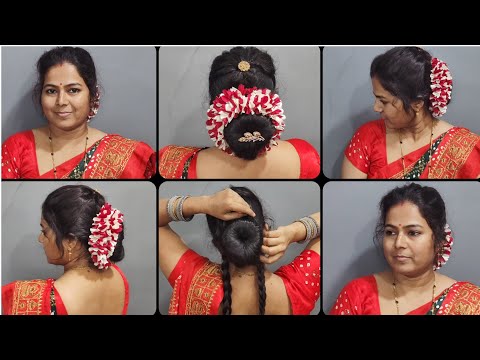 Beautiful 2 Bun Hairstyle For Ashadhi Ekadashi Easy Hair Bun For Gajra Women's Nauvar Sarees HairBun