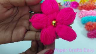 Easy Woolen Flower Making | Flower Making With Pencil and Scale | Paper Crafts Easy