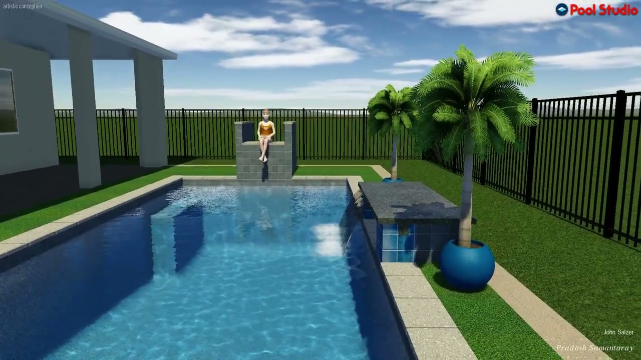 12'x 30' Pool with Water Feature Wall, Color LED Lights, Screened Enclosure, Turf Deck