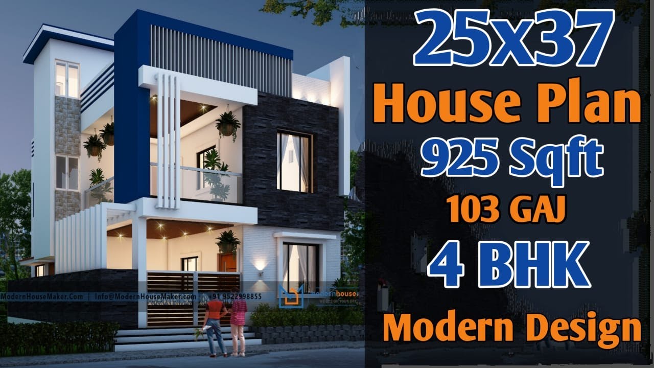 25x37 House Design 3D | 925 Sqft | 103 Gaj| 4 BHK | Modern Design | Swimming Pool |