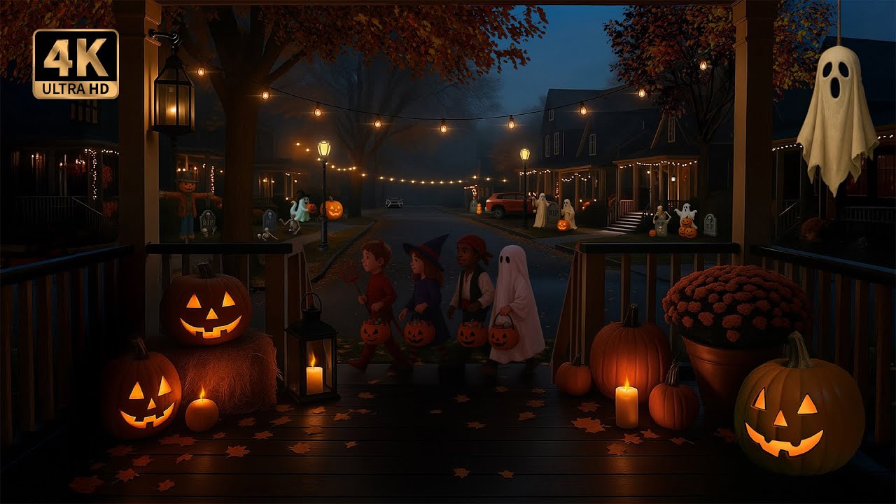 Trick or Treat Halloween Ambience 🎃 Cozy Small Town Night with Kids Trick-or-Treating | 4K 👻🍭