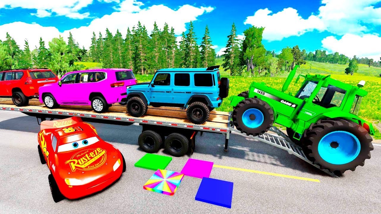 TRANSPORTING PIXAR CARS & FRUITS WITH COLORED & JOHN DEERE vs CLAAS vs TRACTORS - BeamNG.drive 