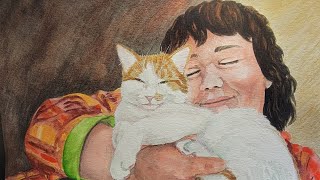 PRETZEL & REBECCA watercolor portrait artwork TIMELAPSE how-to painting pet cat love HAPPINESS