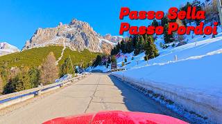 Driving in Italy - epic winter drive in the Dolomites | Sella & Pordoi Pass, from Ortisei to Arabba