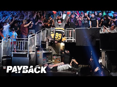 Kevin Owens hits a huge Swanton Bomb off the barricade!: WWE Payback 2023 highlights