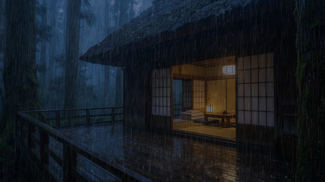Rainy Night on a Wooden Porch with Soft Forest Sounds for Relaxation and Sleep