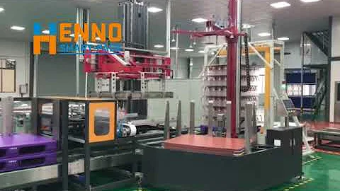 HENNOPACK EMPTY BOTTLE PALLETIZING SYSTEM WITH SLIP SHEET DISPENSER AND STRAPPING MACHINE