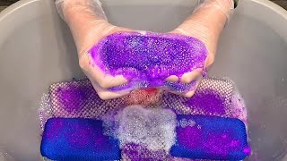 ASMR/New netted sponges and recycled liquid products with color powder/Squeeze🧽🫧💜💜💜