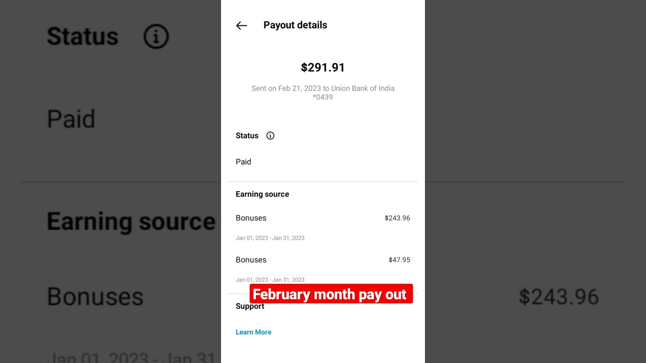 Instagram reels  bonus payment received February 2023