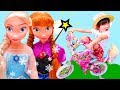 巨大人形ごっこディズニープリンセス魔法の杖で自転車プレゼントをもらった！Disney Princess MAGIC Bicycle Present | HaneMarisWorld