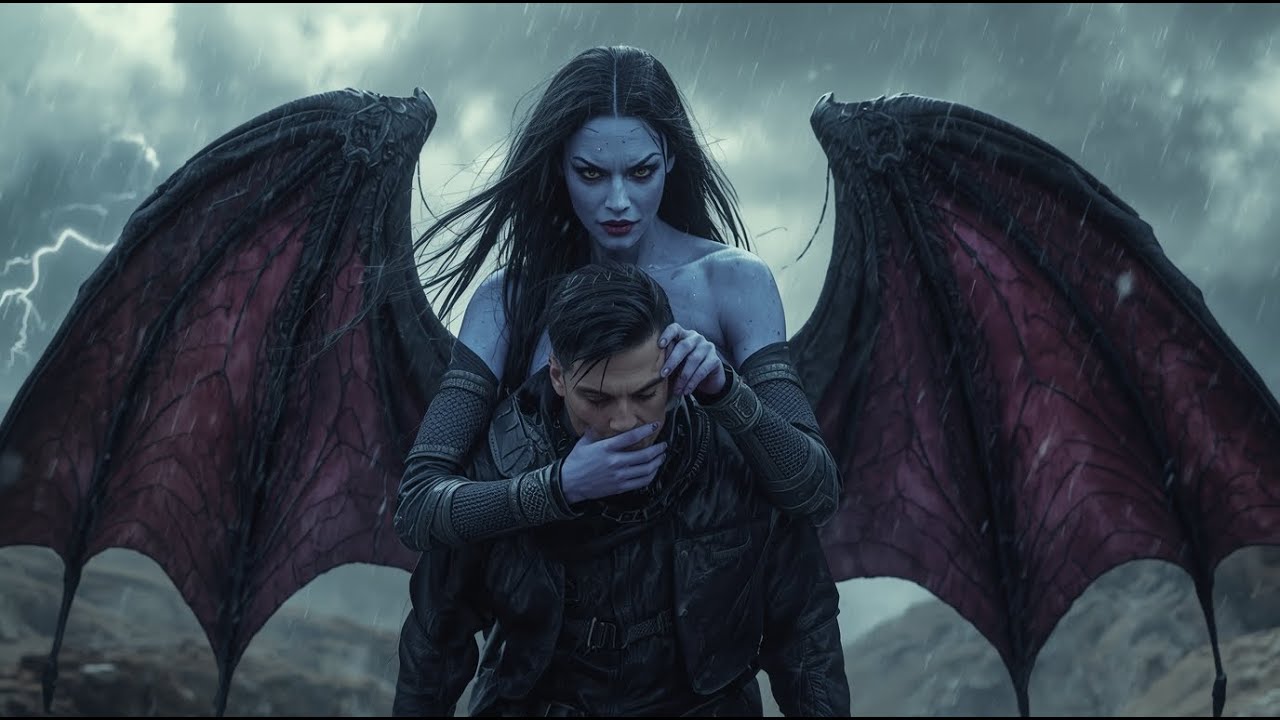 The Alien Vampire Woman Wrapped The injured Human Man in Her Wings And Protected Him From The Storm