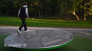 Teenage Boy Running On Spinning Wheel In Park