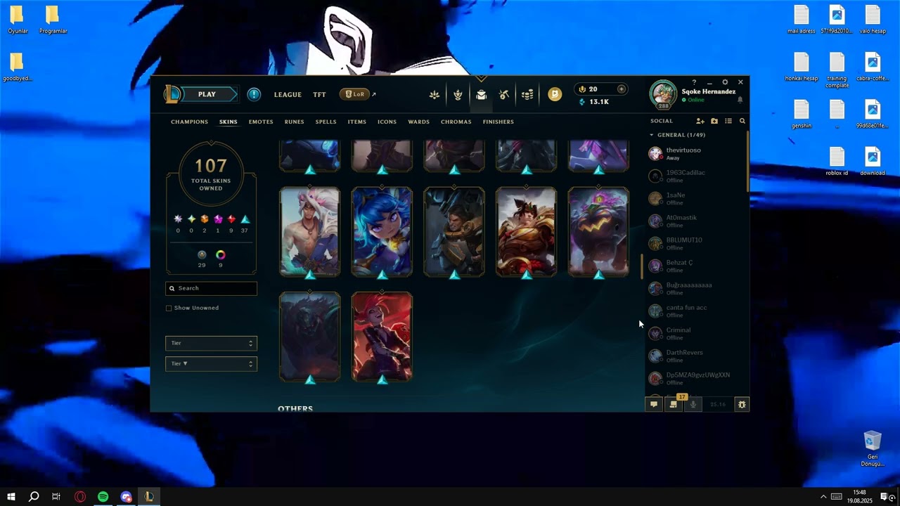 Lol Hesap +288 level 107 skin kostüm Plat Hesap videosu