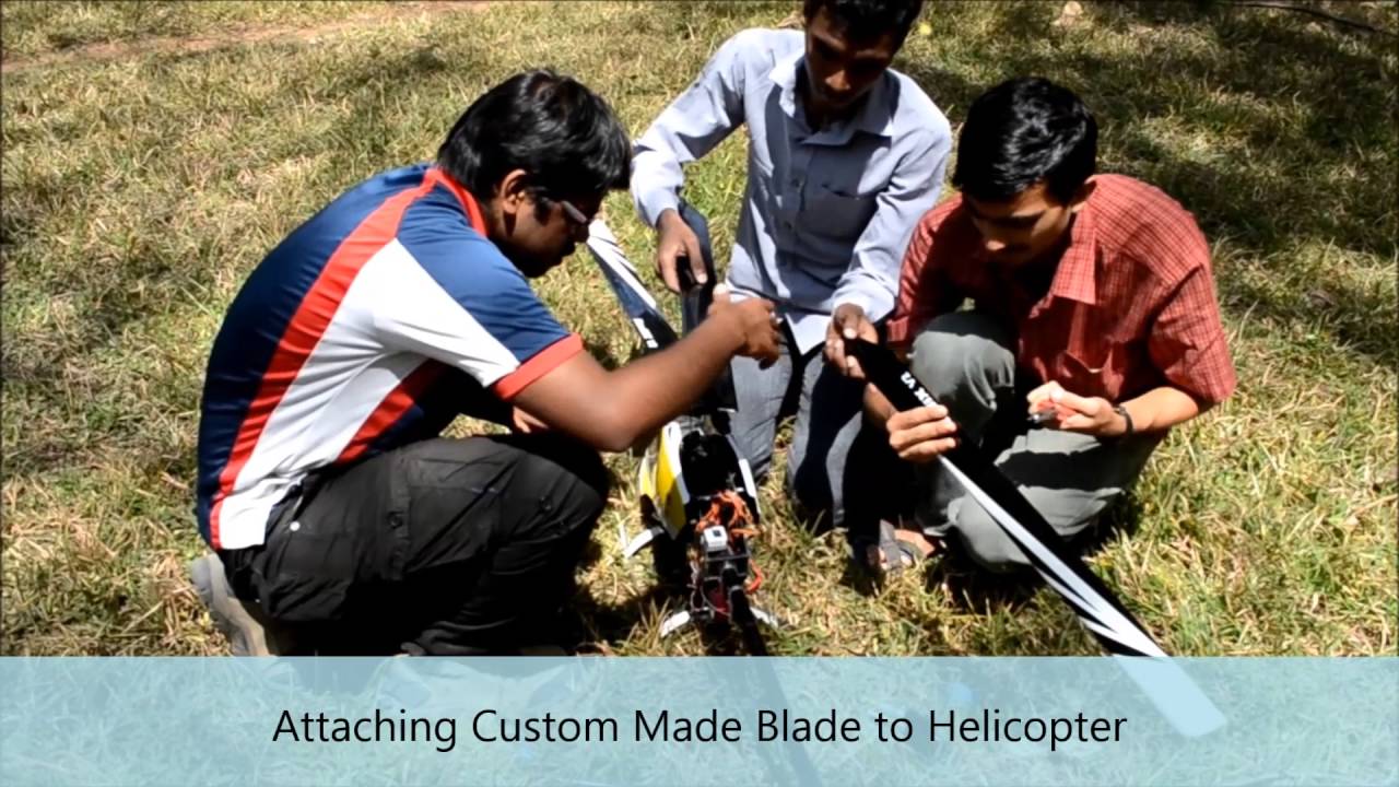 First flight of heli with custom made carbon fibre main rotor blades