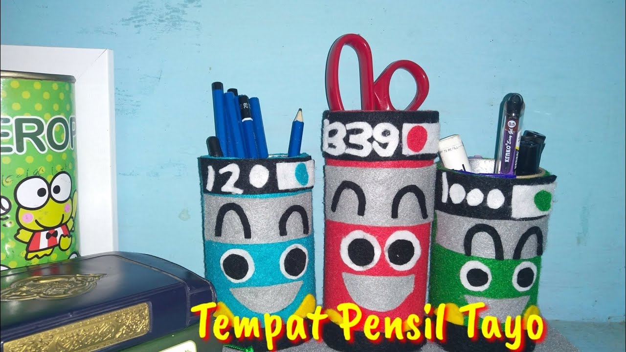 Cara membuat tempat pensil karakter Tayo dari barang bekas 