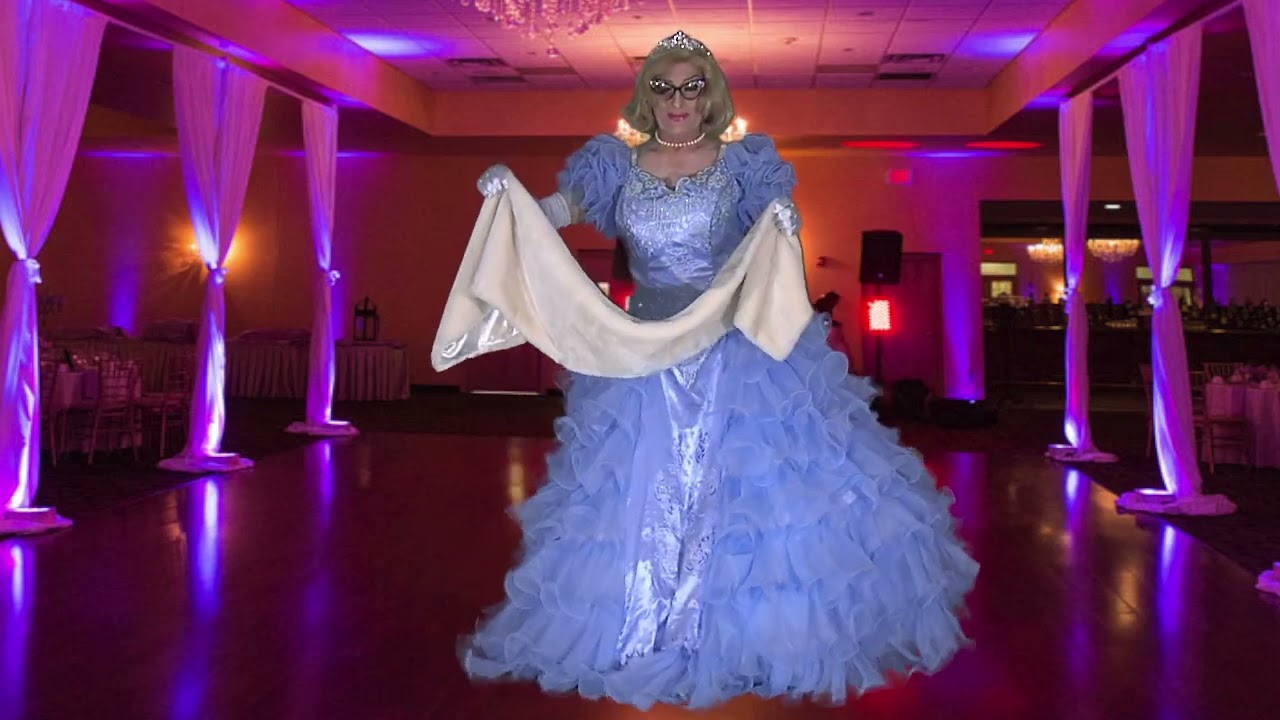 crossdresser in blue prom dress Crossdresser in light blue Ellyanna prom queen dress with tiara, eye  glasses, faux fur