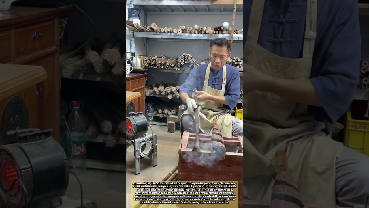 Man Shaping Bamboo by Heating Its Tip for Durable Craftsmanship