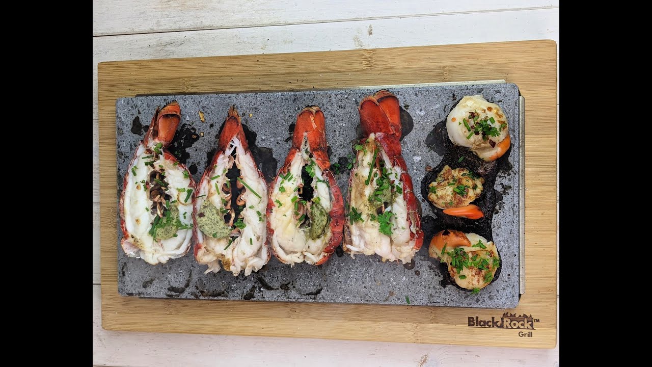 Lobster Tails and Scallops cooked table top on our Black Rock Grill Sharing Steak Stone Cooking Set