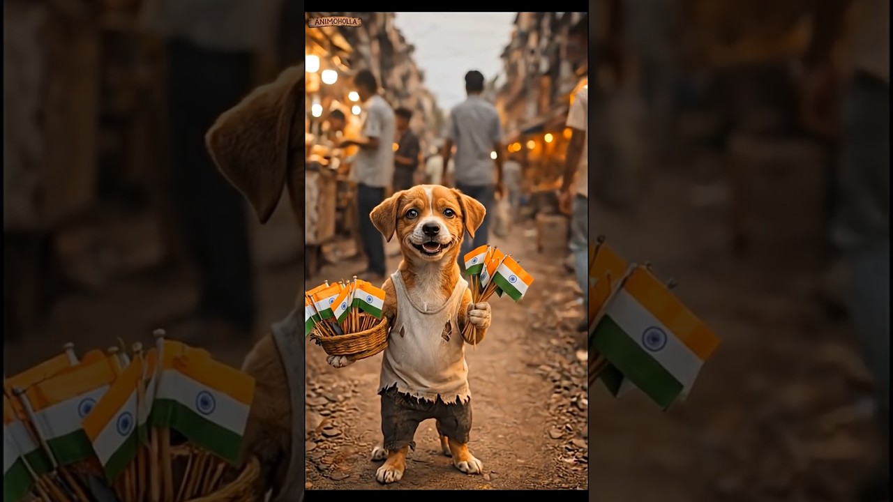 This puppy have no cash to buy laddu, so he sells flags😭