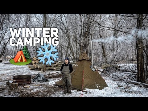 WINTER CAMPING IN HOT TENT IN MINNESOTA  /  MEGA HORN TIPI AND STOVE JACK