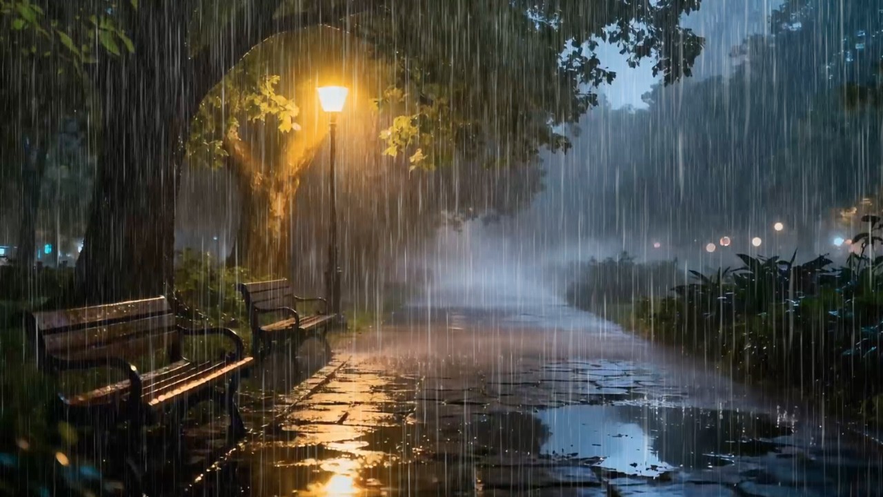 Heavy Rain Sounds at Night Beyond Silent Downtown Nature Park for Better Rest | Soft Chill