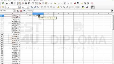 Insert the appropriate function in the cell range B1:B50 that rounds the values of column A to 4...