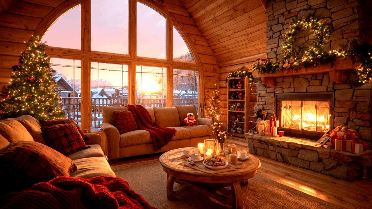 Warm Cabin in Winter with Motivating Jazz Instrumentals and Fireplace Glow