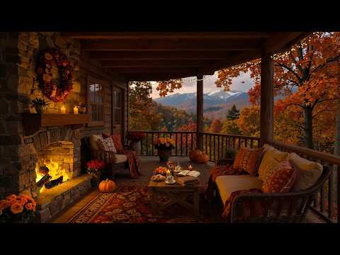 Relax in Cozy Fall Porch Ambience 🍁 Smooth Jazz Music & Crackling Fireplace Sounds for Stress Relief