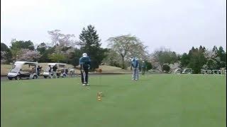 サイドサドルパターで距離１ｍ、２ｍ、３ｍ、４ｍ、５ｍからのパッティング（さくらCC