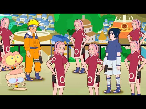 Mongo e Drongo com Naruto, Sasuke e Sakura em Konoha - desenho