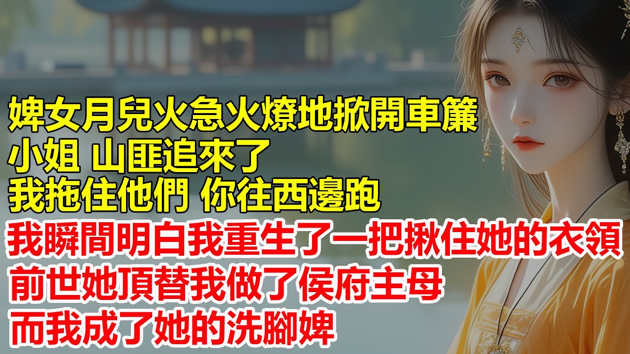 婢女月兒火急火燎地掀開車簾，小姐，山匪追來了，我拖住他們，你往西邊跑，我瞬間明白我重生了，一把揪住她的衣領....，前世她頂替我做了侯府主母，而我成了她的洗腳婢...