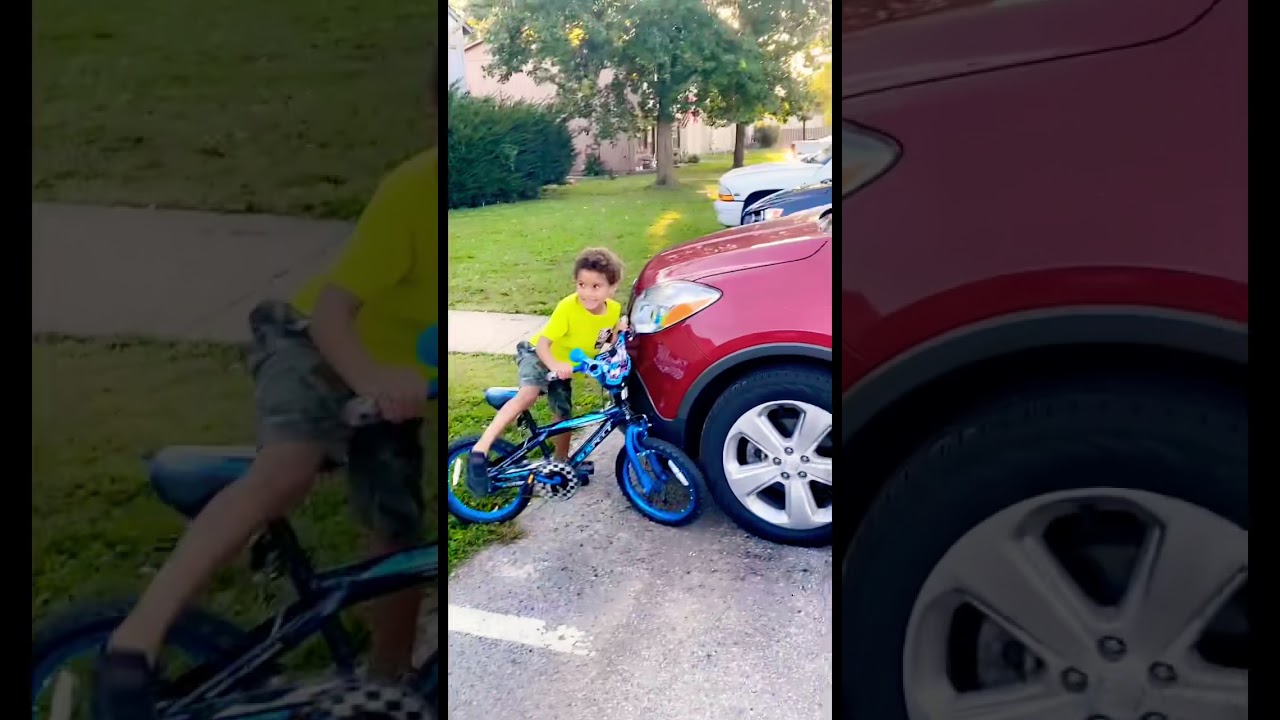 First time riding his bike without training wheels. 