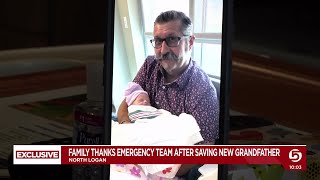 Hospital workers save new grandfather after collapse