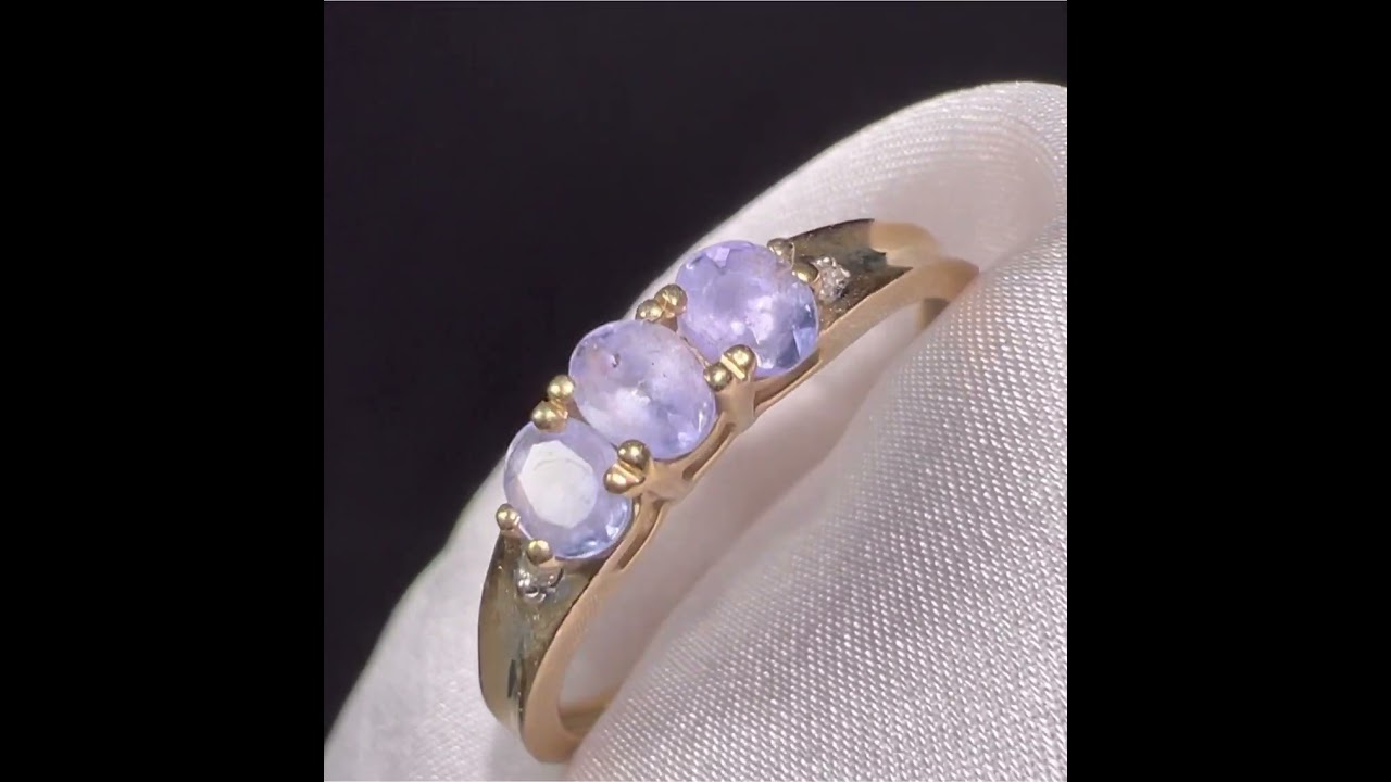 9ct Gold Ring Size P Lilac Tourmaline & Diamond Three Stone Hallmark www.cherishedjewellery.com