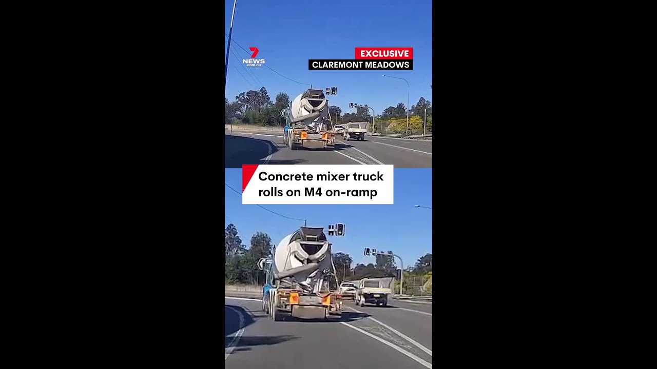 Concrete mixer truck rolls on M4 on-ramp in Sydney's west