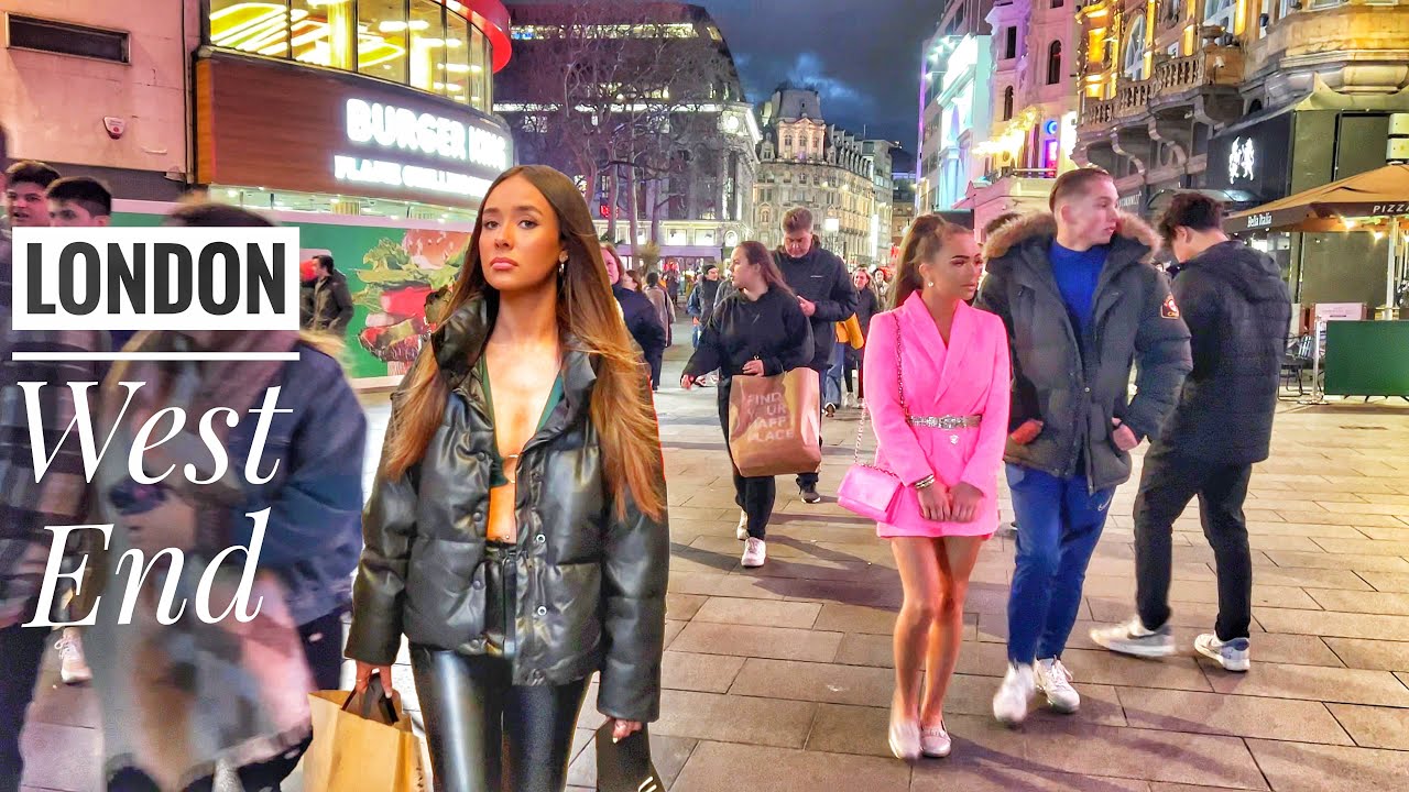 London Walk, London West End Lively Evening Walk. Oxford Circus, Oxford Street, Leicester Square.