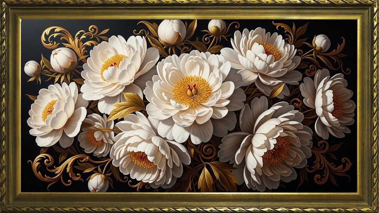 Luxury White Floral Wall Art | Elegant Gold Botanical Frame | Relaxing 4K TV Frame Art