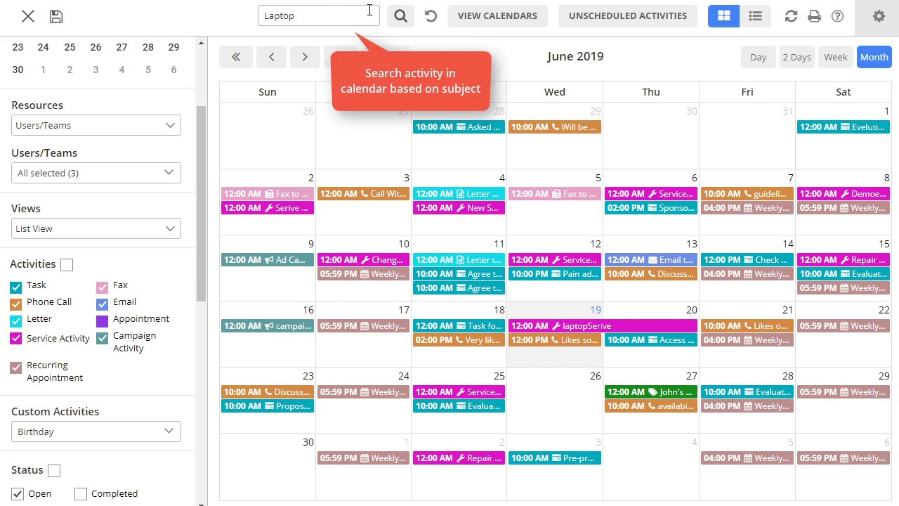 activity calendar dynamics 365