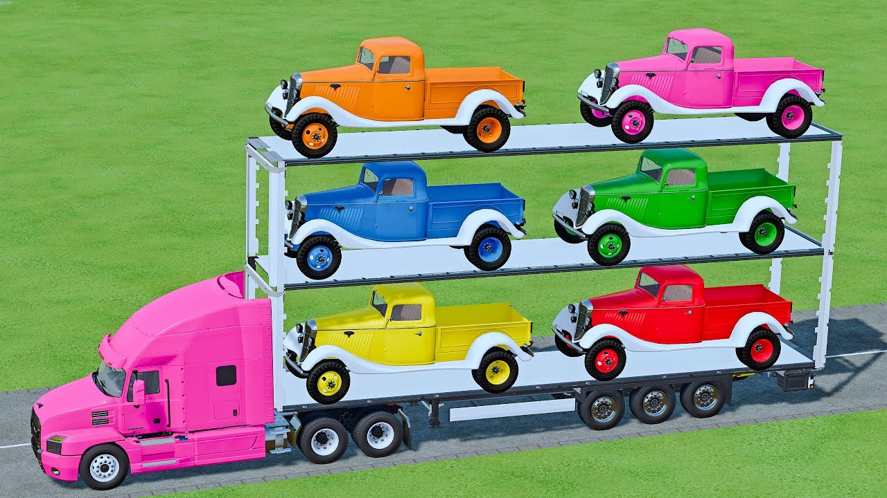 mini cars of colors ! mini classic cars transporting with colored truck ! farming simulator 22