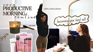 Cozy productive morning routine I pilates, meditation, becoming your best self, my skincare routine