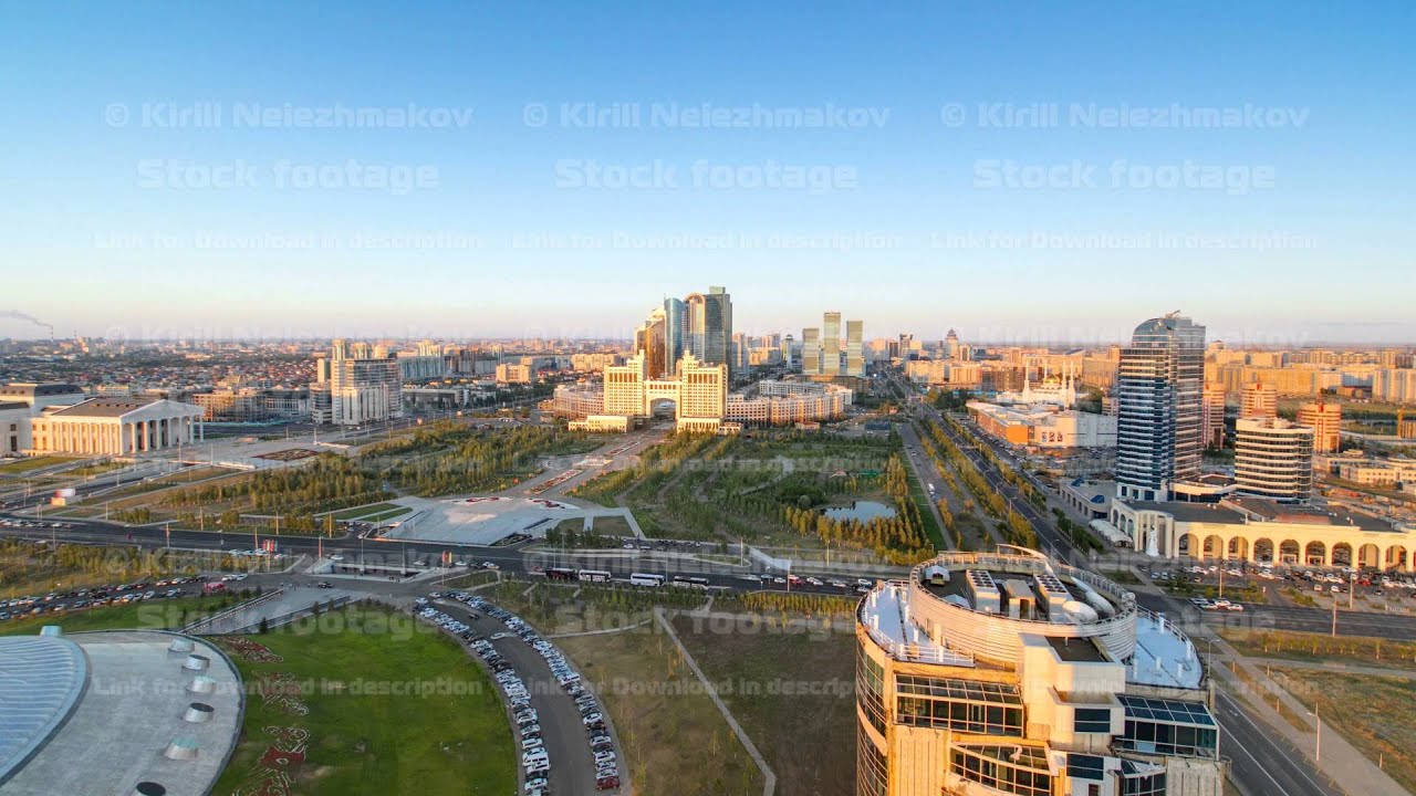 Elevated view over the city center and central business district sunset Timelapse, Central Asia